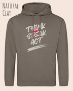 das bild zeigt den unisex basic hoodie aus weicher baumwollmischung in der farbe Natural clay mit statement design think speak act