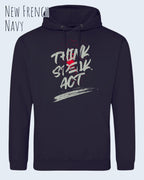 das bild zeigt den unisex basic hoodie aus weicher baumwollmischung in der farbe new french navy mit statement design think speak act