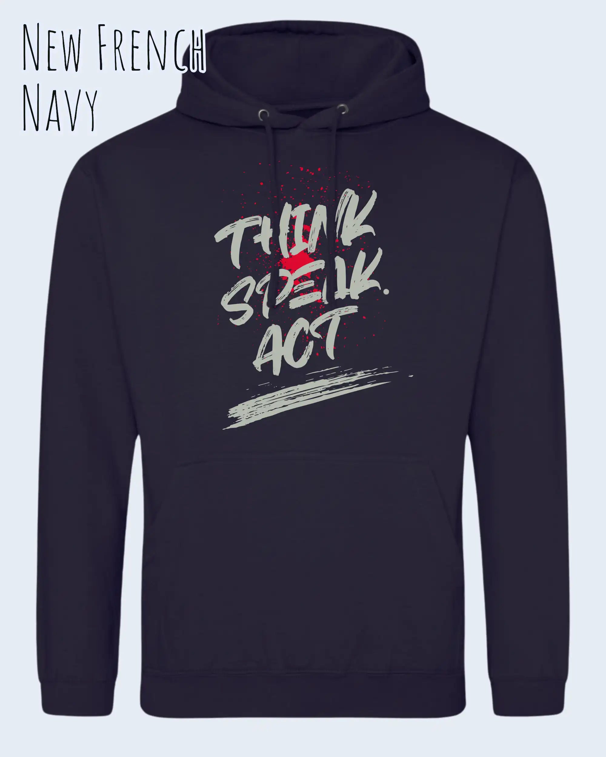 das bild zeigt den unisex basic hoodie aus weicher baumwollmischung in der farbe new french navy mit statement design think speak act