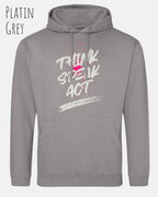 das bild zeigt den unisex basic hoodie aus weicher baumwollmischung in der farbe Platin grey mit statement design think speak act