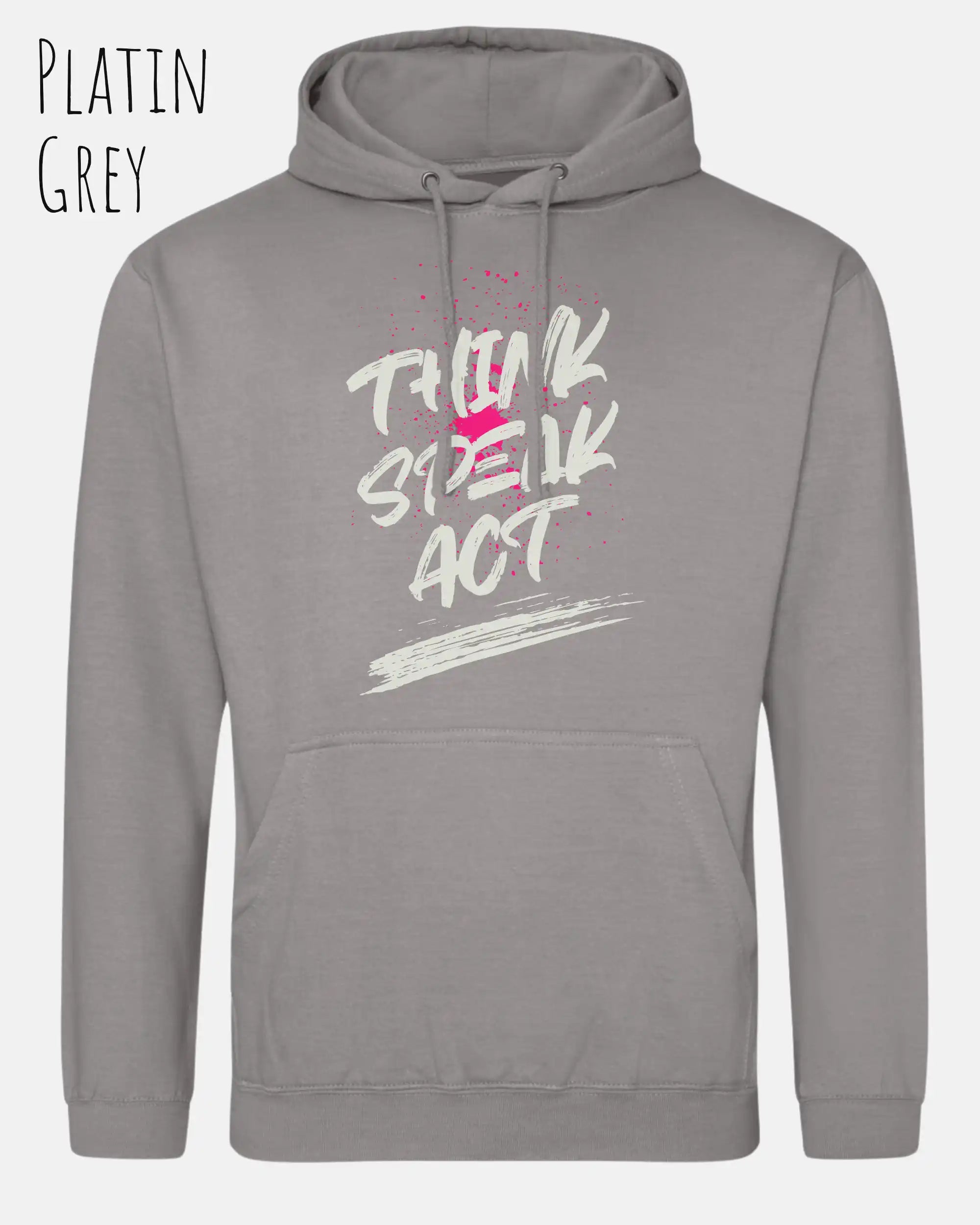 das bild zeigt den unisex basic hoodie aus weicher baumwollmischung in der farbe Platin grey mit statement design think speak act