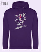 das bild zeigt den unisex basic hoodie aus weicher baumwollmischung in der farbe purple mit statement design think speak act