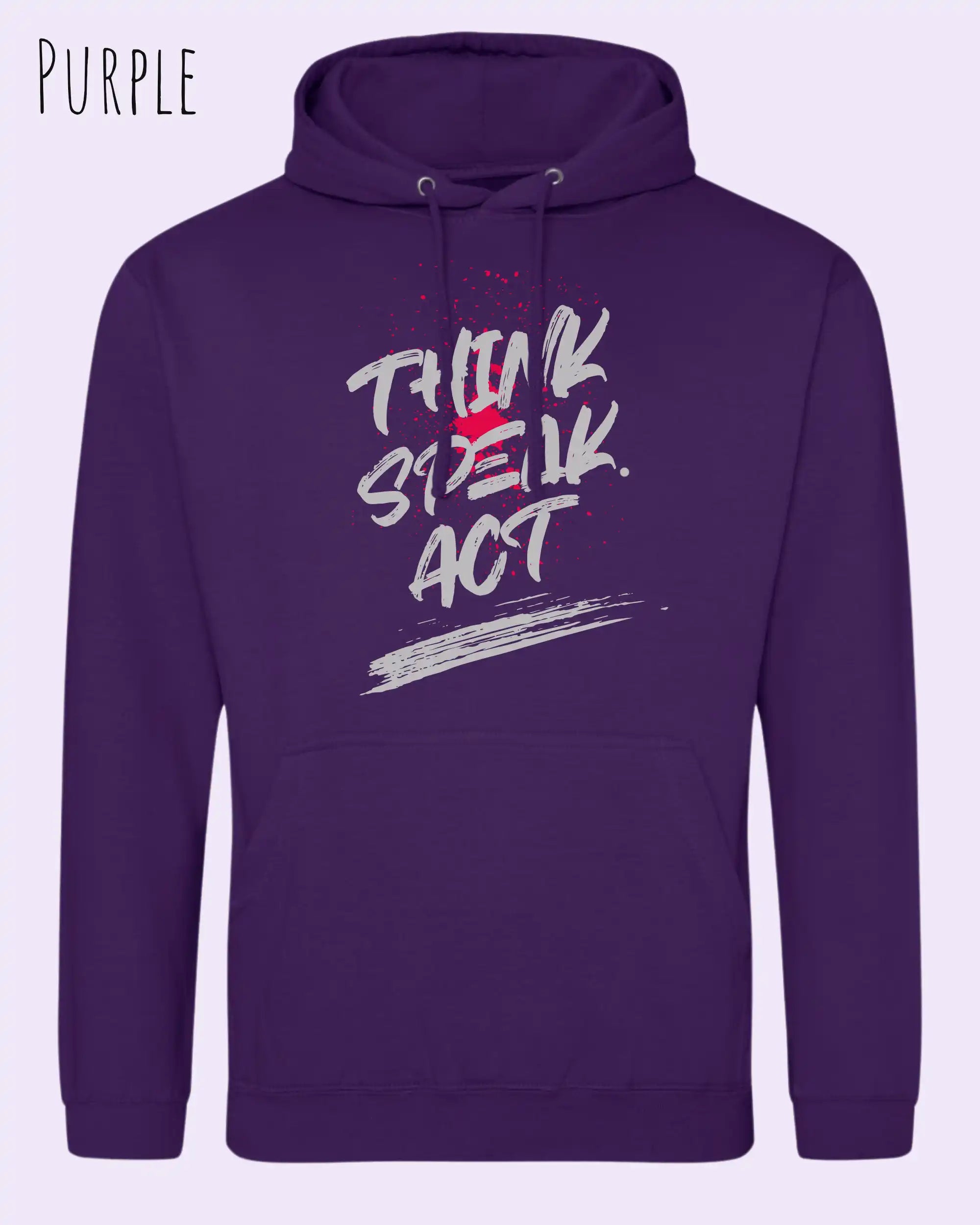 das bild zeigt den unisex basic hoodie aus weicher baumwollmischung in der farbe purple mit statement design think speak act