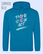 das bild zeigt den unisex basic hoodie aus weicher baumwollmischung in der farbe sapphire blue mit statement design think speak act