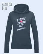 Das Bild zeigt den damen design hoodie aus weicher baumwollmischung in der farbe airforce blue mit statement design think speak act