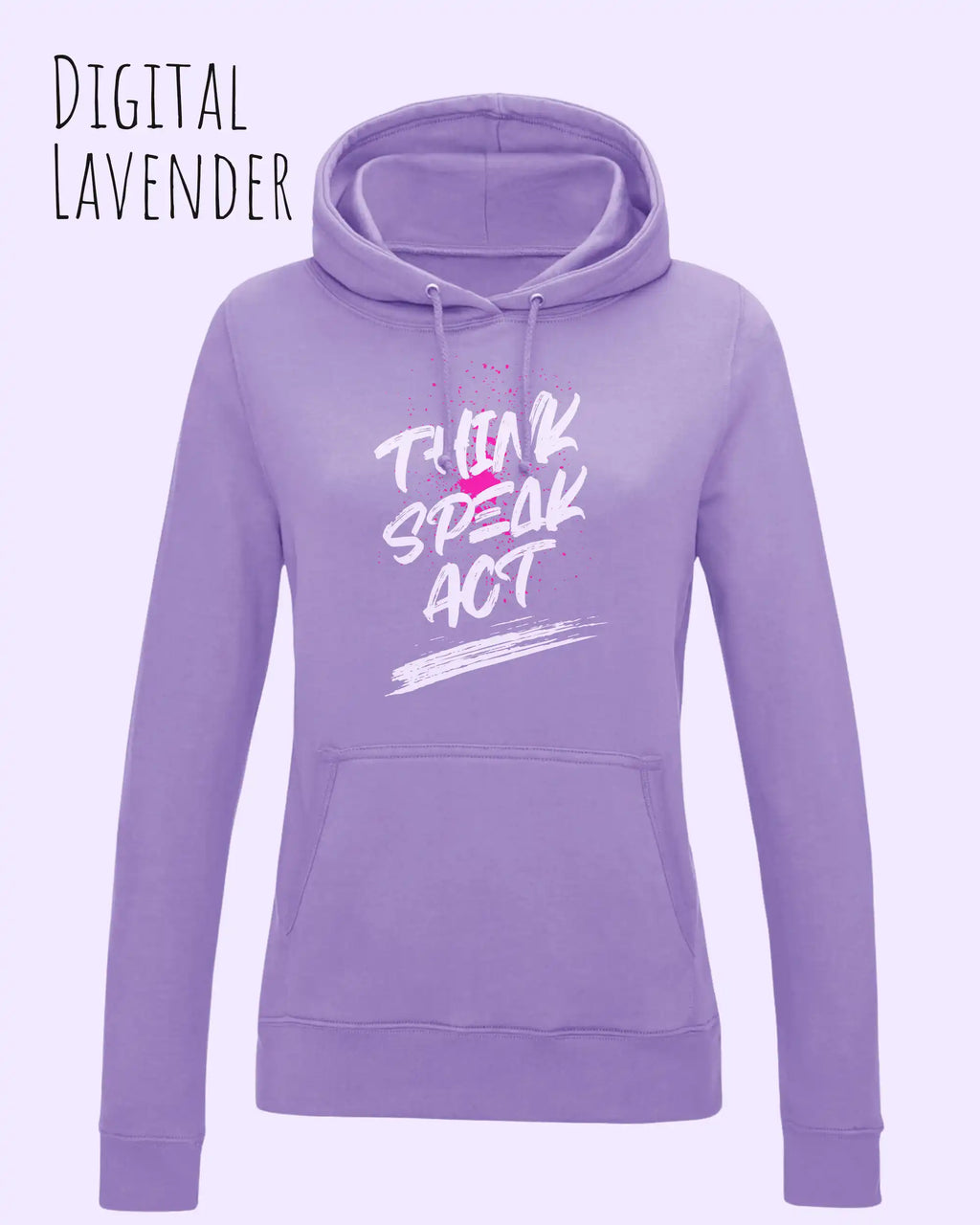 Das Bild zeigt den damen design hoodie aus weicher baumwollmischung in der farbe digital lavender mit statement design think speak act