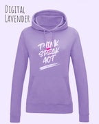 Das Bild zeigt den damen design hoodie aus weicher baumwollmischung in der farbe digital lavender mit statement design think speak act