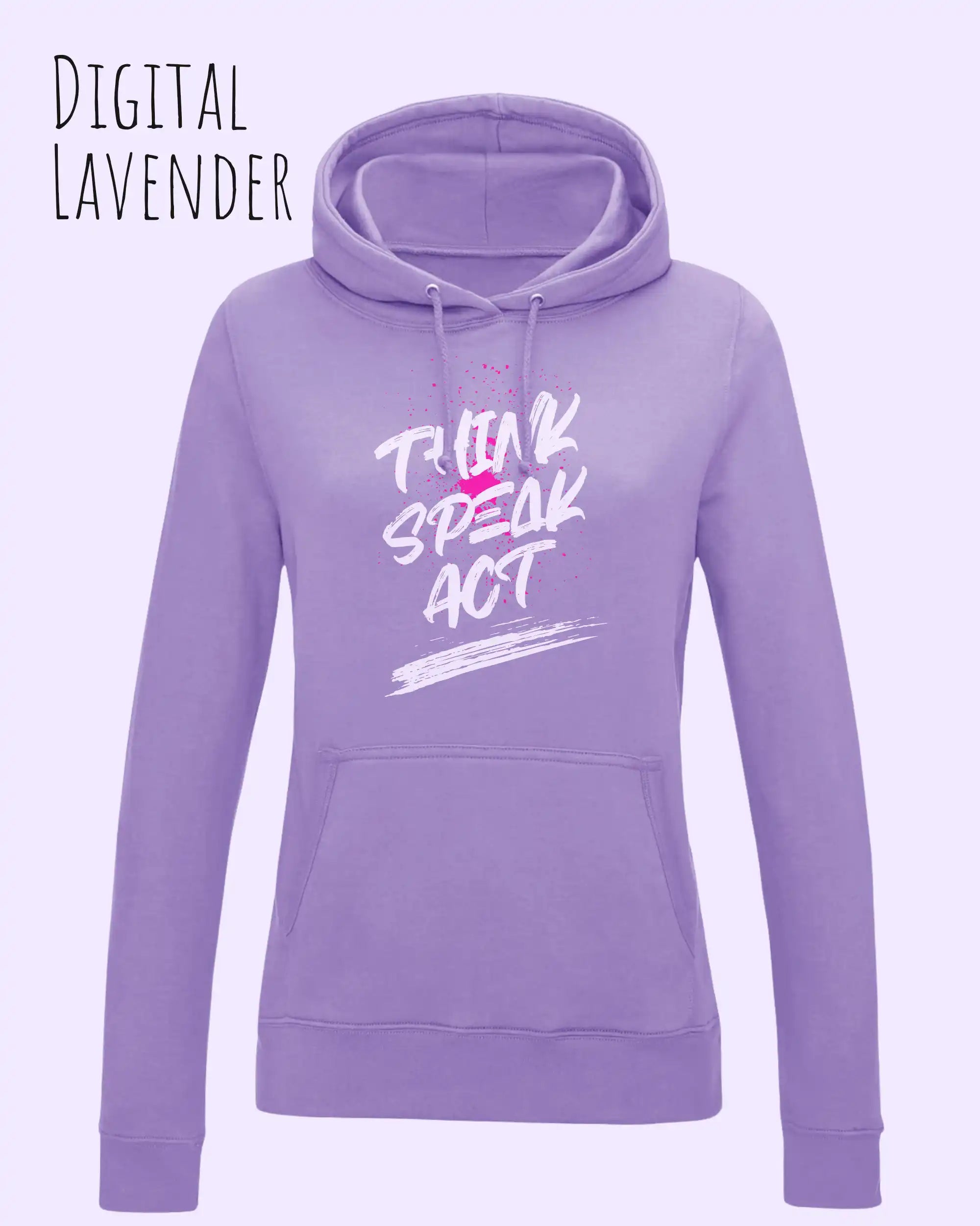 Das Bild zeigt den damen design hoodie aus weicher baumwollmischung in der farbe digital lavender mit statement design think speak act
