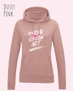 Das Bild zeigt den damen design hoodie aus weicher baumwollmischung in der farbe dusty pink mit statement design think speak act