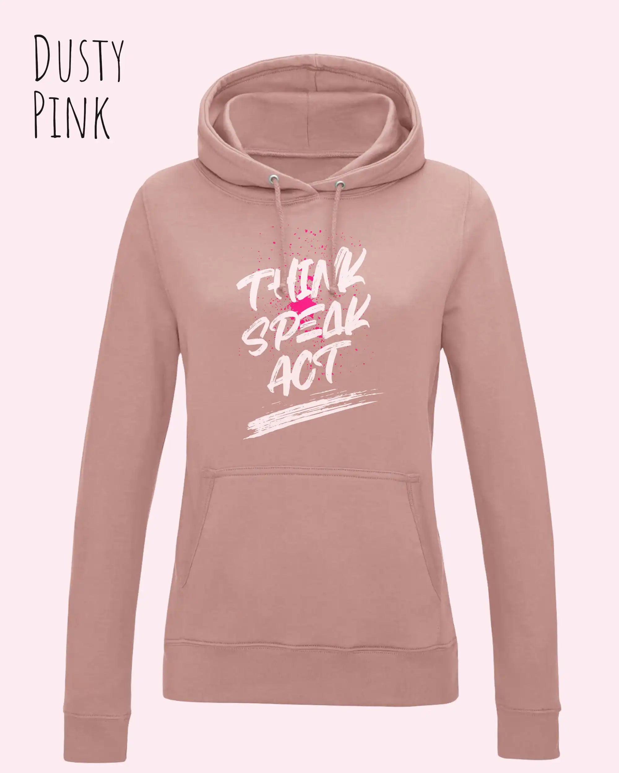 Das Bild zeigt den damen design hoodie aus weicher baumwollmischung in der farbe dusty pink mit statement design think speak act