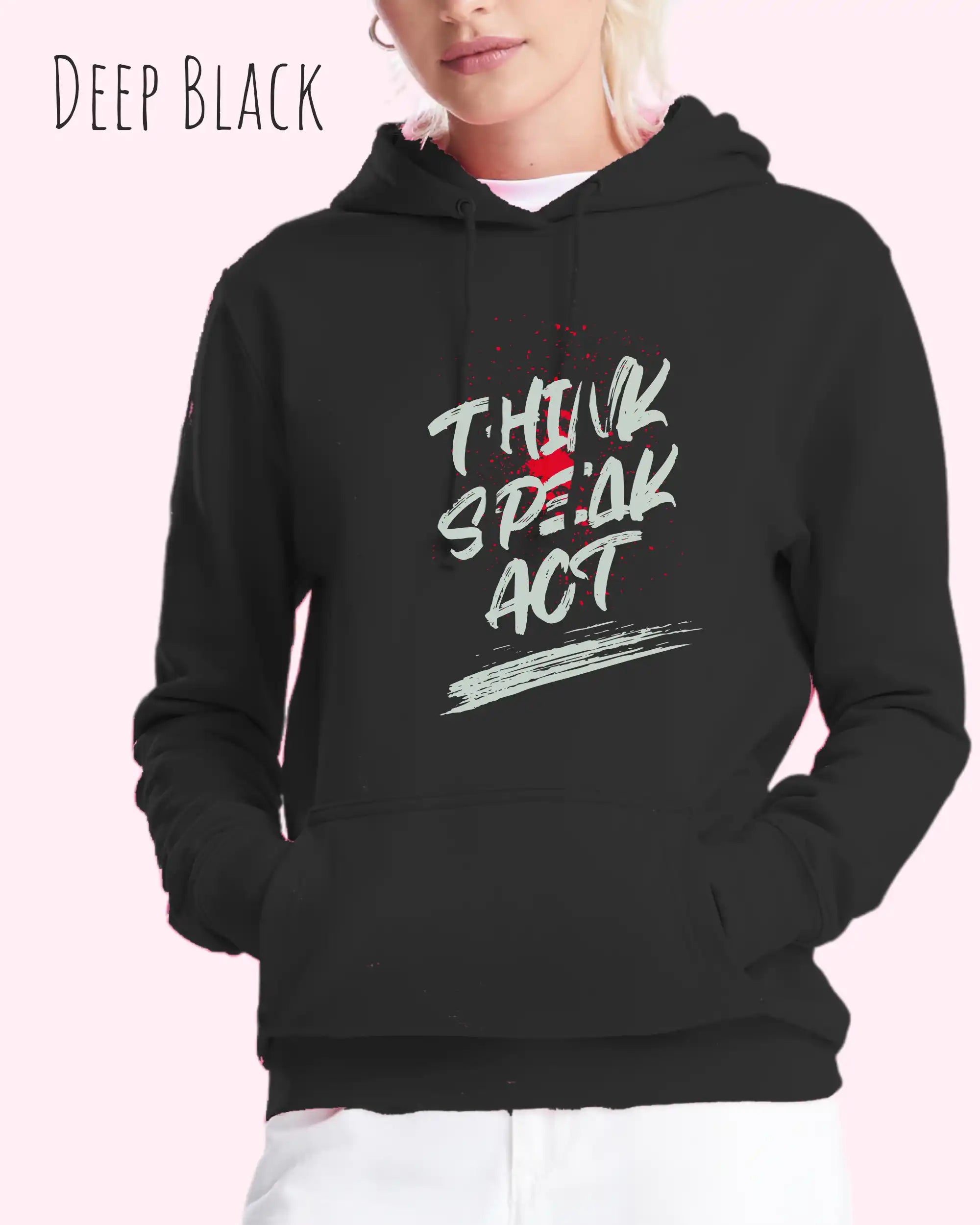 Blonde Frau trägt den damen design hoodie JH001F von awdis in der Farbe deep black mit dem STATEMENT Design THINK SPEAK ACT