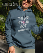 Eine Frau trägt den damen design hoodie JH001F von awdis in der Farbe airforce blue mit dem STATEMENT Design THINK SPEAK ACT