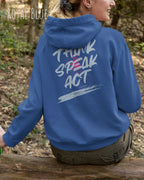 Eine Frau trägt den damen design hoodie JH001F von awdis in der Farbe royal blue mit dem STATEMENT Design THINK SPEAK ACT auf dem rücken