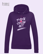 Das Bild zeigt den damen design hoodie aus weicher baumwollmischung in der farbe purple mit statement design think speak act