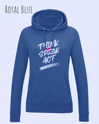 Das Bild zeigt den damen design hoodie aus weicher baumwollmischung in der farbe royal blue mit statement design think speak act