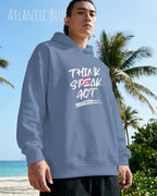 Mann trägt streetwear hoodie im oversize fit in farbe atlantic blue mit think speak act motiv auf der Brust