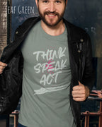 Mann trägt das Bio-Baumwolle T-Shirt Tee Jays Urban Luxury Tee 1150 in der Farbe leaf green mit dem Design THINK SPEAK ACT auf der Brust.