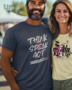 Mann trägt das Bio-Baumwolle T-Shirt Tee Jays Urban Luxury Tee 1150 in der Farbe navy mit dem Design THINK SPEAK ACT auf der Brust.