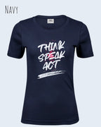 Das Bild zeit ein feminines Grafik-T-Shirt in der farbe navy mit dem  Statement-Design think speak act.