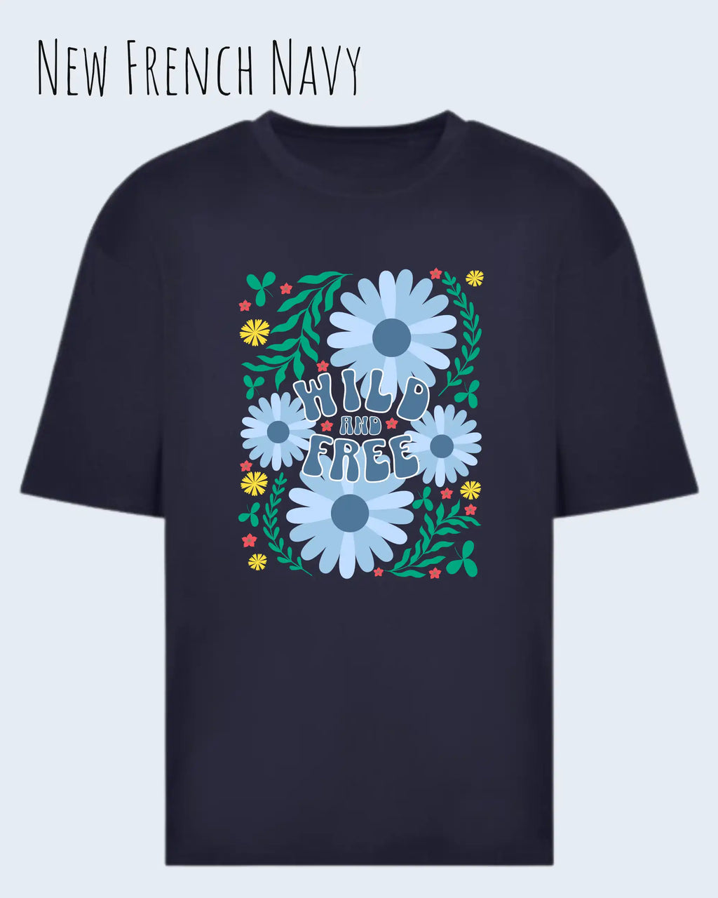 Die Abbildung zeigt ein oversized heavyweight design-t-shirt in der farbe bw french navy  und mit dem motiv wild and free.