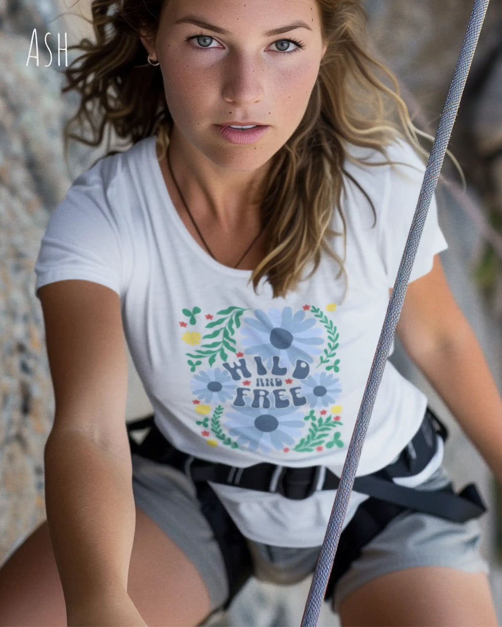 Junge frau beim klettern trägt ein feminines Basic Design-T‑Shirt  in der farbe ash mit dem motiv WILD AND FREE.