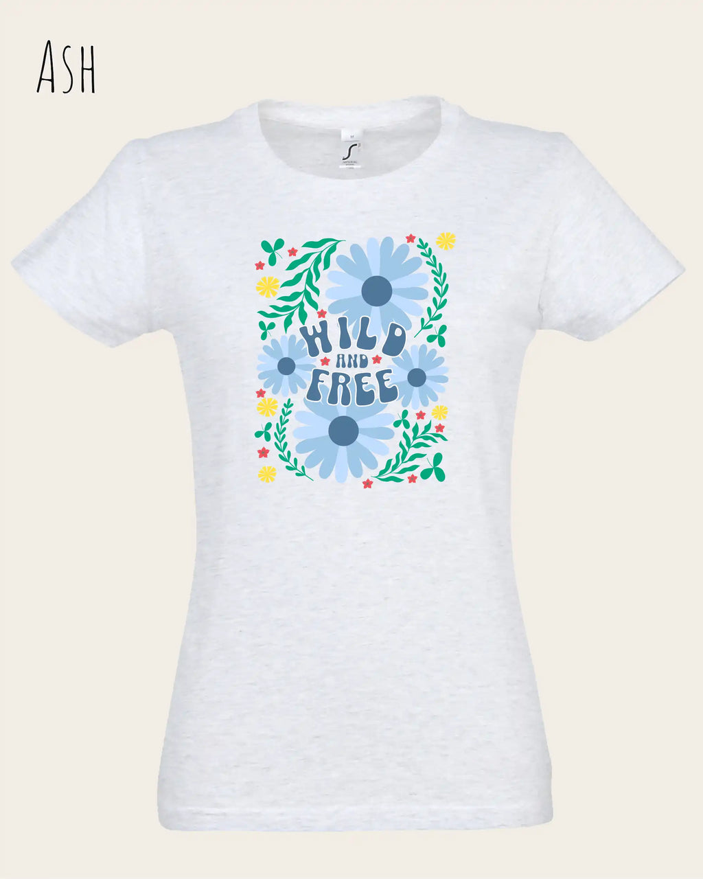 Das Bild zeigt das feminine Basic Design-T‑Shirt SOL’S Imperial Women 11502 in der farbe ash mit dem motiv WILD AND FREE.