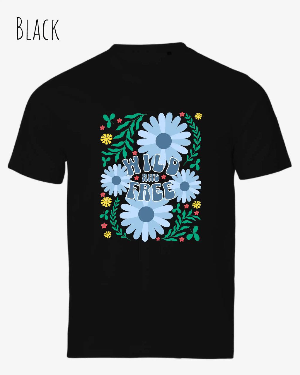 die abbildung zeigt das design-t-shirt aus zertifizierter Bio-Baumwolle Tee Jays Urban Luxury Tee 1150in der farbe black mit dem motiv wild and free im modernisierten boho-style.