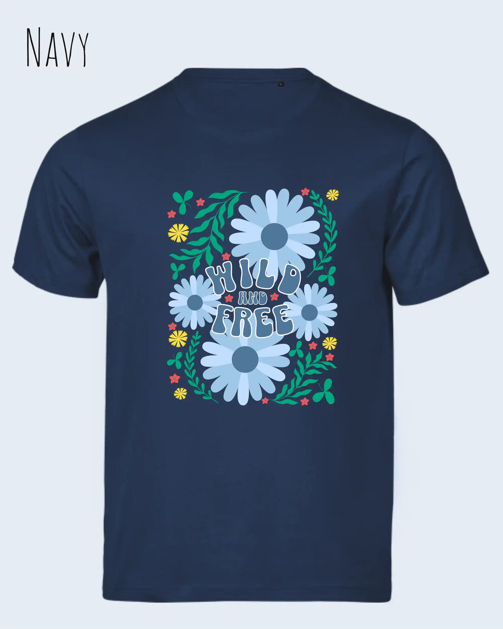 die abbildung zeigt das design-t-shirt aus zertifizierter Bio-Baumwolle Tee Jays Urban Luxury Tee 1150in der farbe navy mit dem motiv wild and free im modernisierten boho-style.