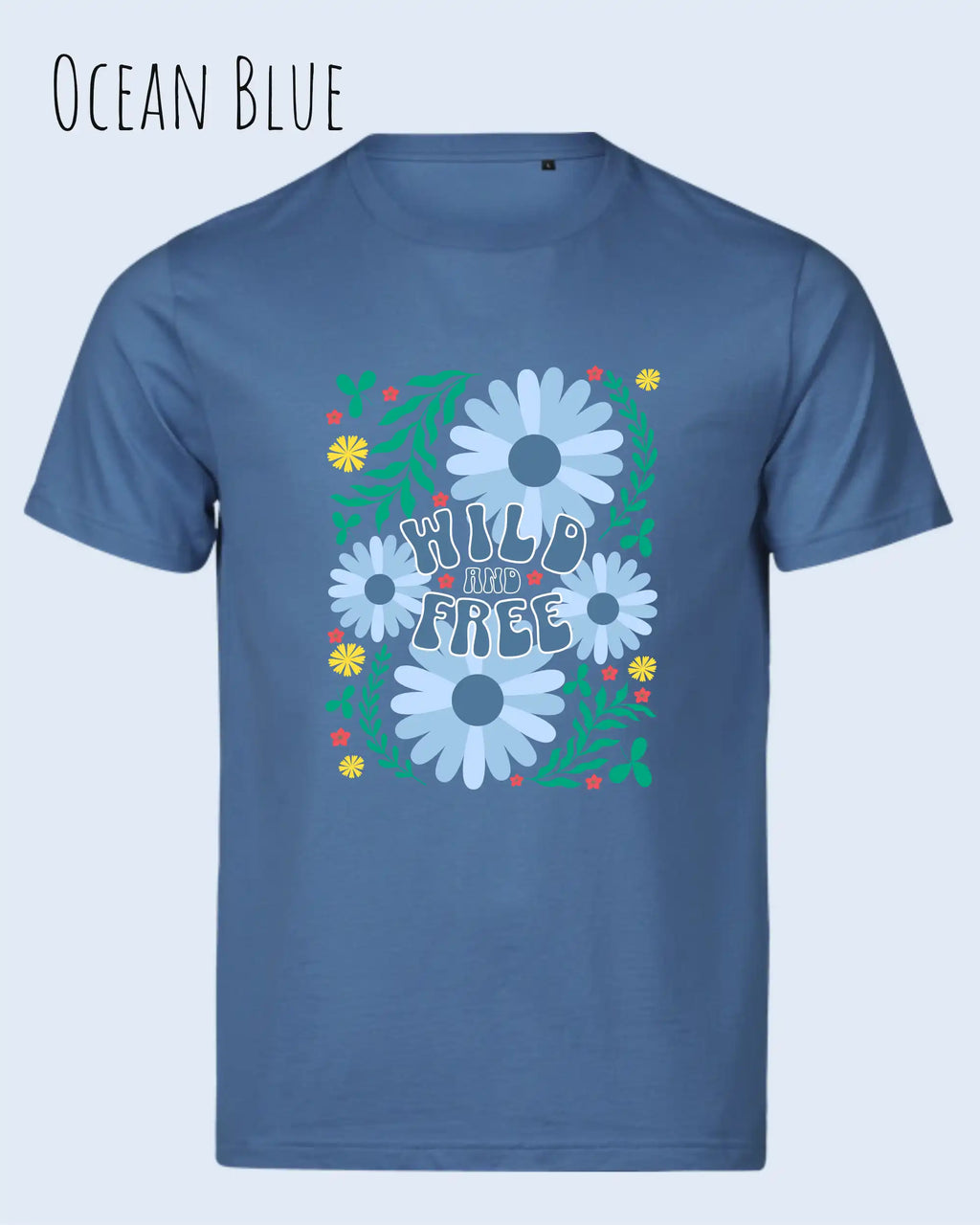 die abbildung zeigt das design-t-shirt aus zertifizierter Bio-Baumwolle Tee Jays Urban Luxury Tee 1150in der farbe ocean blue mit dem motiv wild and free im modernisierten boho-style.
