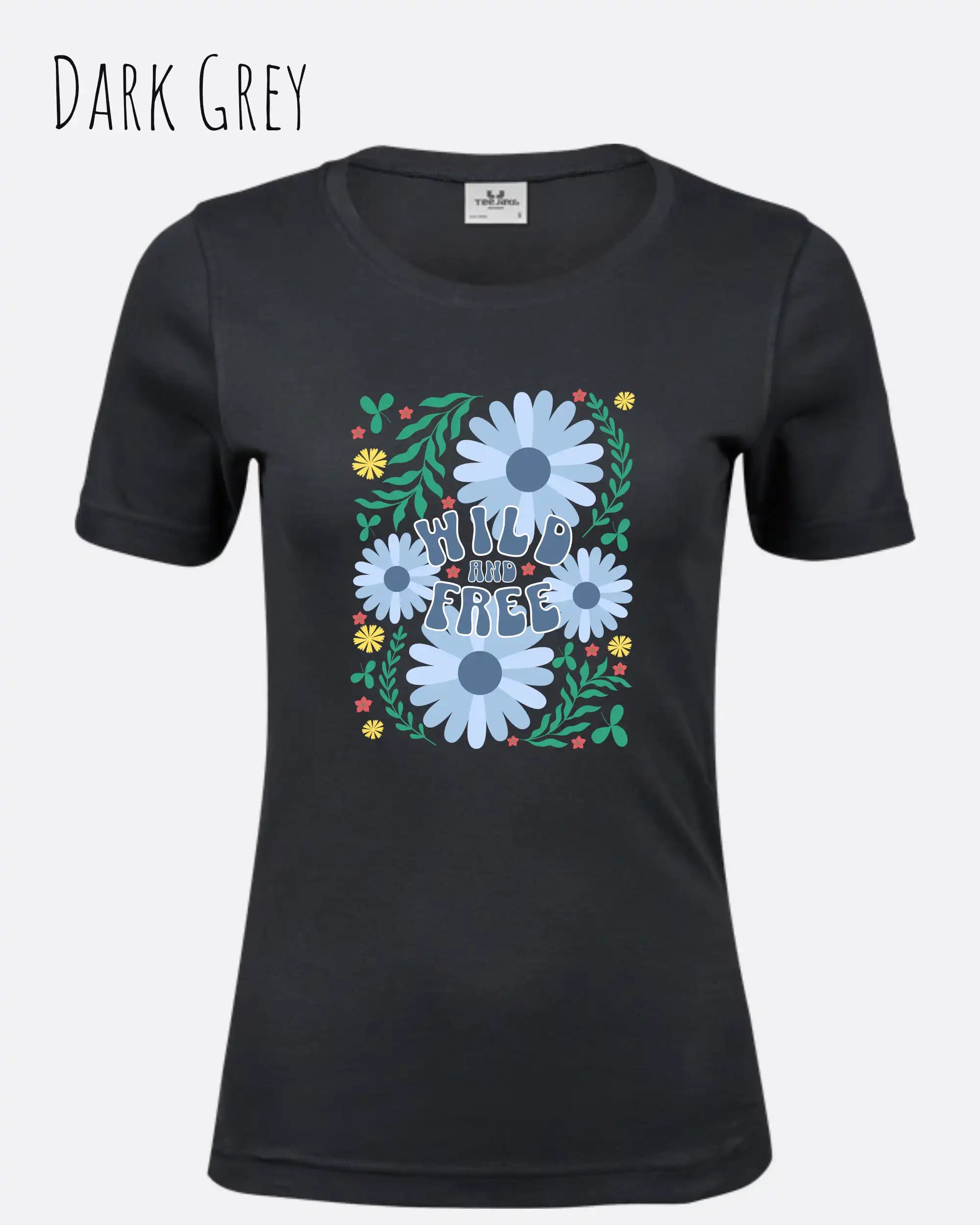Das Bild zeigt das  Tee Jays Women's Interlock Tee mit Design Wild and Free in dark grey.