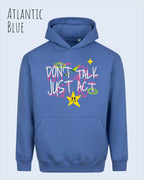 Die Abbildung zeigt den oversized design hoodie AWDis Just Hoods Vision JH111 in Atlantic blue mit dem statement don't talk just act.