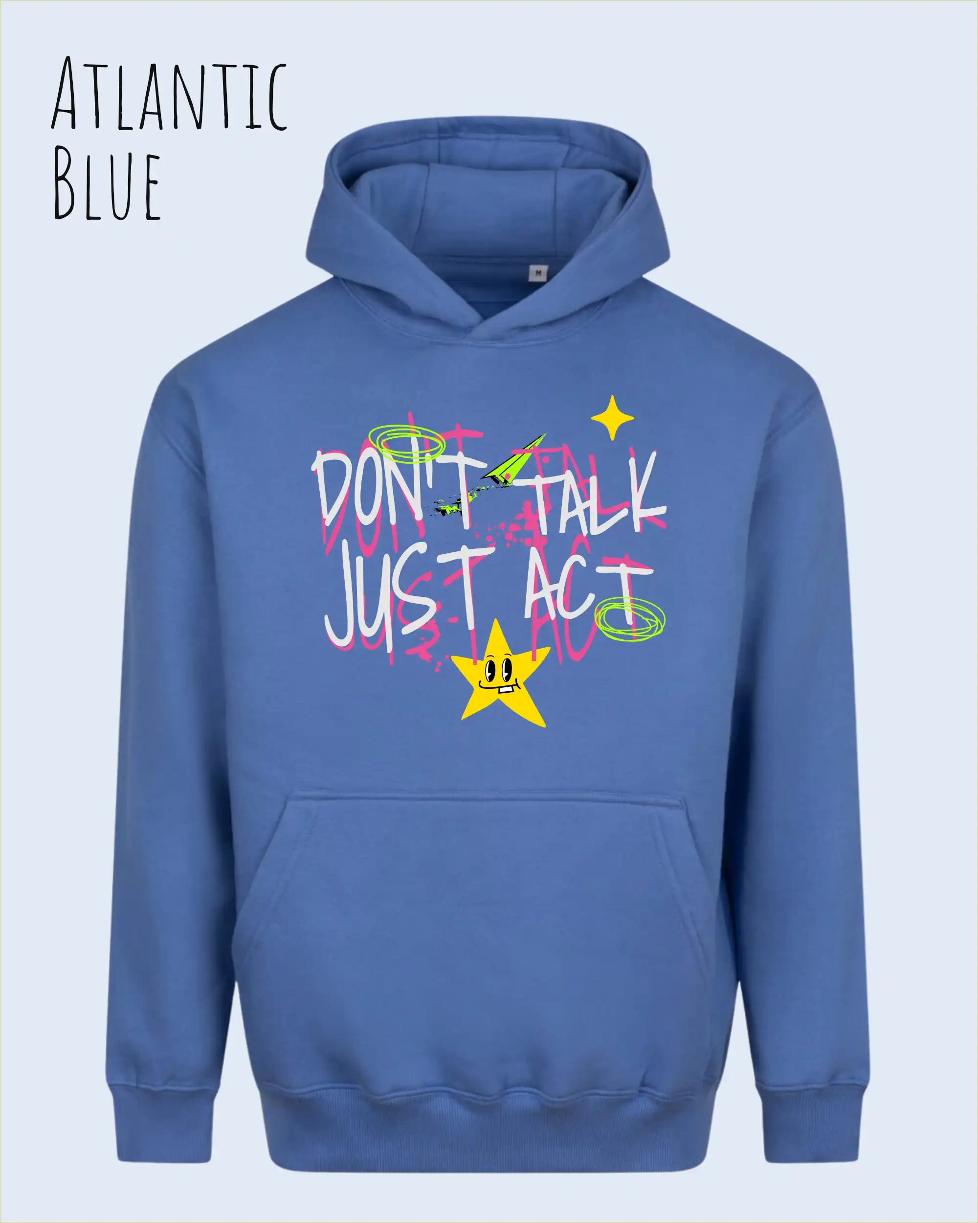 Die Abbildung zeigt den oversized design hoodie AWDis Just Hoods Vision JH111 in Atlantic blue mit dem statement don't talk just act.
