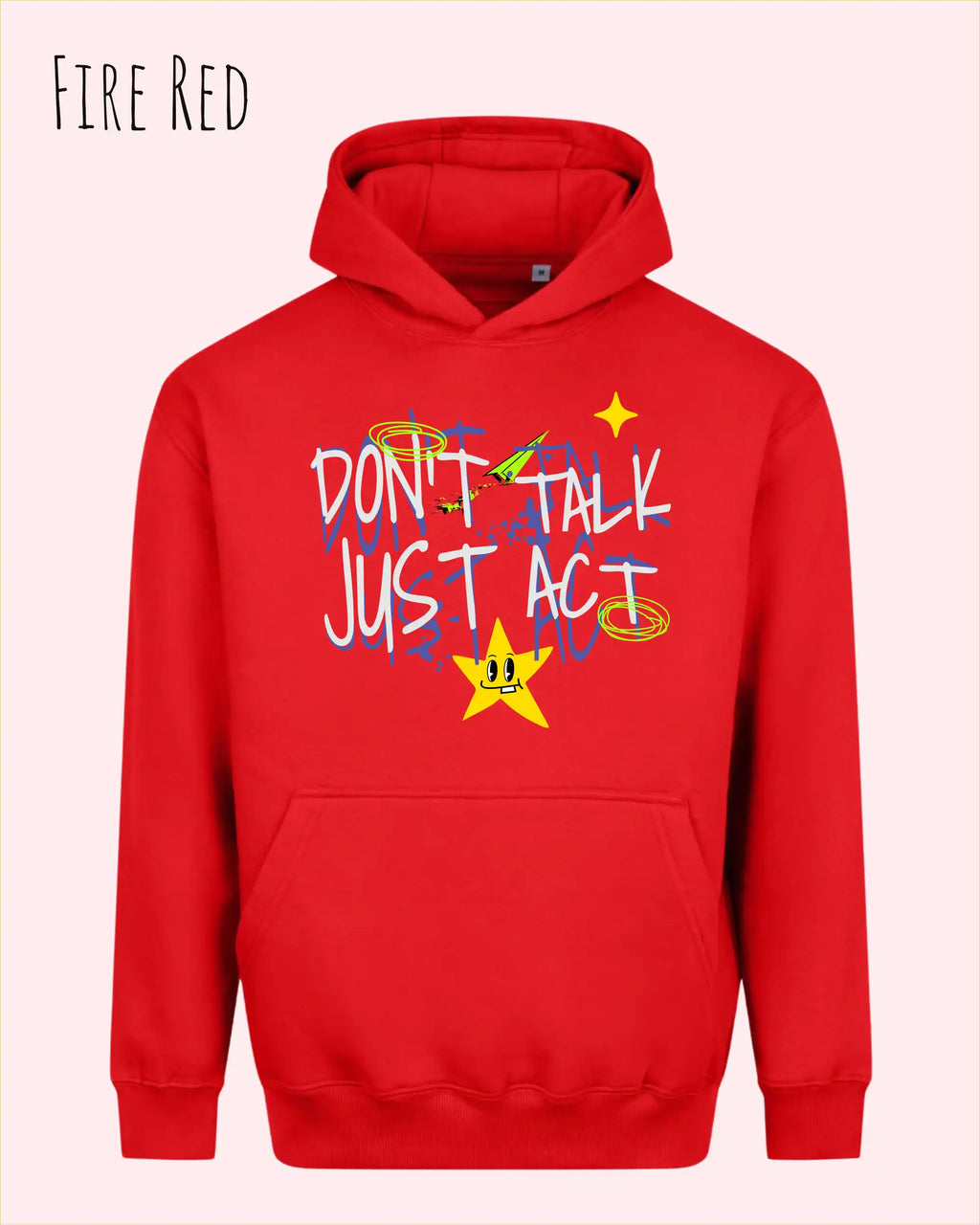 Die Abbildung zeigt den oversized design hoodie AWDis Just Hoods Vision JH111 in fire red mit dem statement don't talk just act.