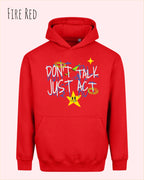 Die Abbildung zeigt den oversized design hoodie AWDis Just Hoods Vision JH111 in fire red mit dem statement don't talk just act.