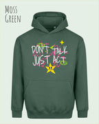 Die Abbildung zeigt den oversized design hoodie AWDis Just Hoods Vision JH111 in moss green mit dem statement don't talk just act.