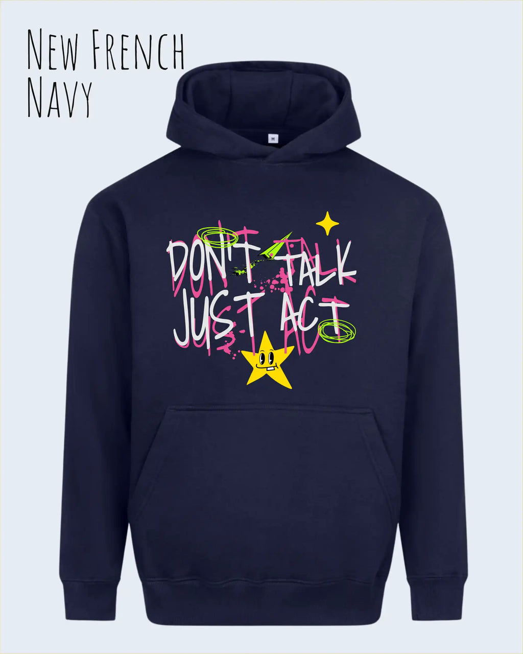 Die Abbildung zeigt den oversized design hoodie AWDis Just Hoods Vision JH111 in new French navy mit dem statement don't talk just act.