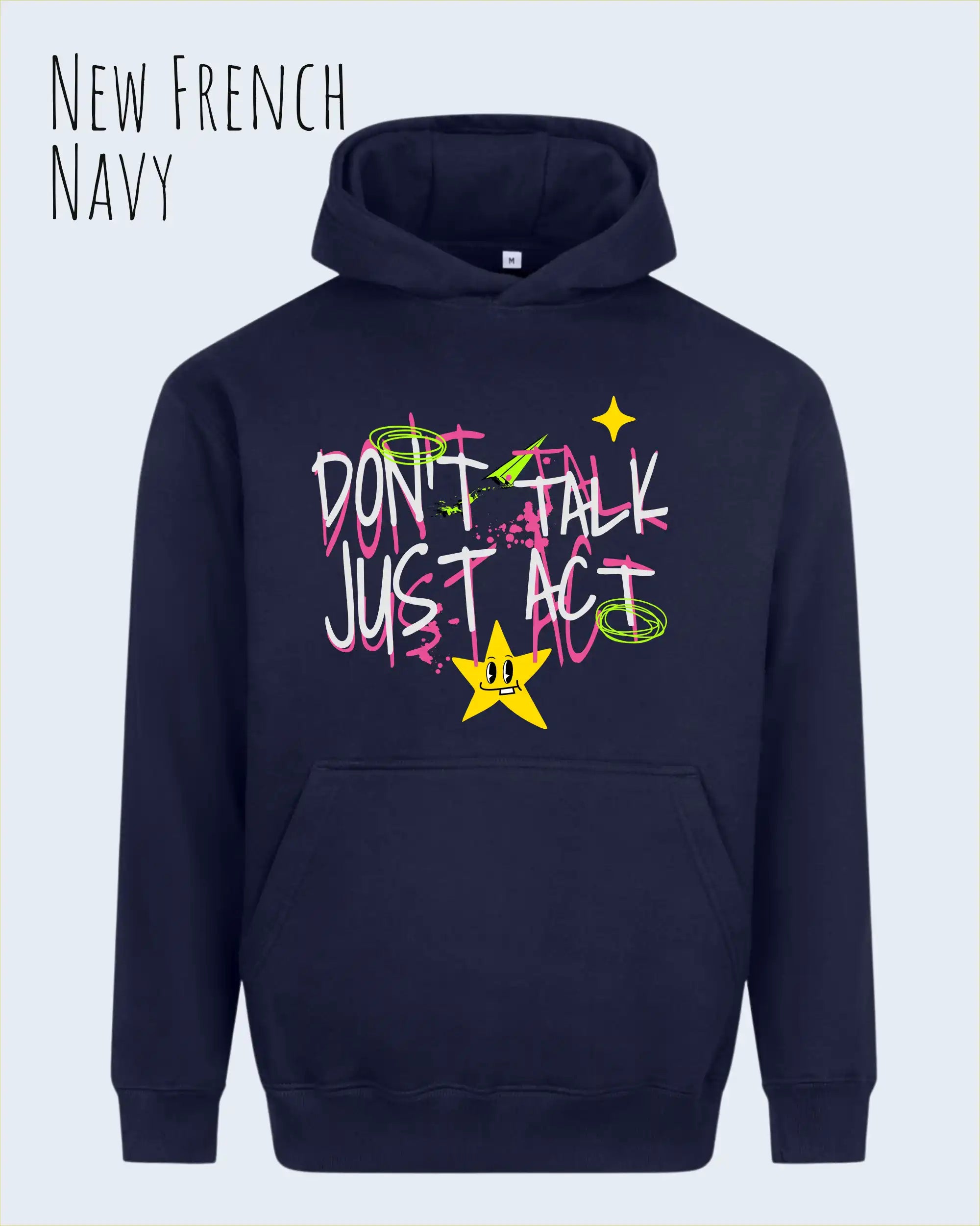 Die Abbildung zeigt den oversized design hoodie AWDis Just Hoods Vision JH111 in new French navy mit dem statement don't talk just act.