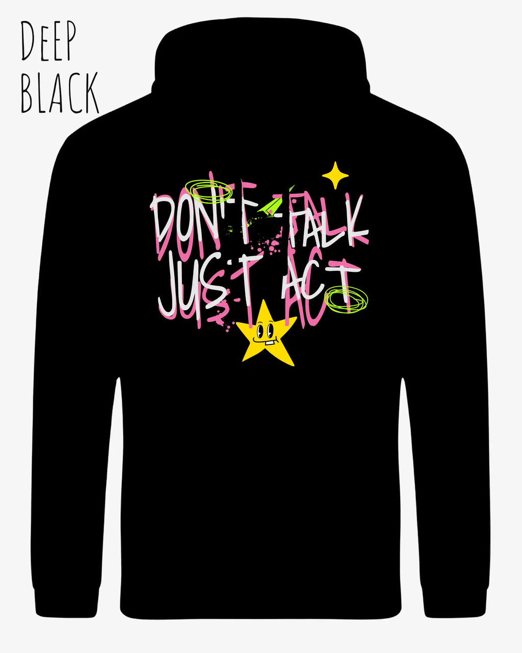 DAS BILD ZEIGT den unisex basic hoodie JH001 von awdis in der Farbe deep black mit dem STATEMENT Design don't talk just act