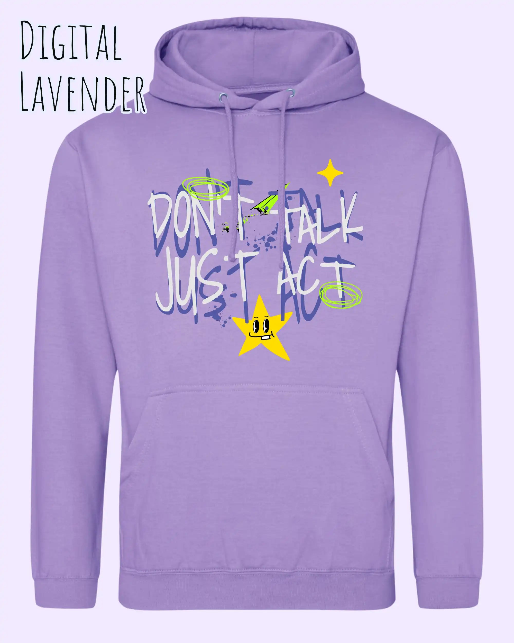 DAS BILD ZEIGT den unisex basic hoodie JH001 von awdis in der Farbe digital lavender mit dem STATEMENT Design don't talk just act