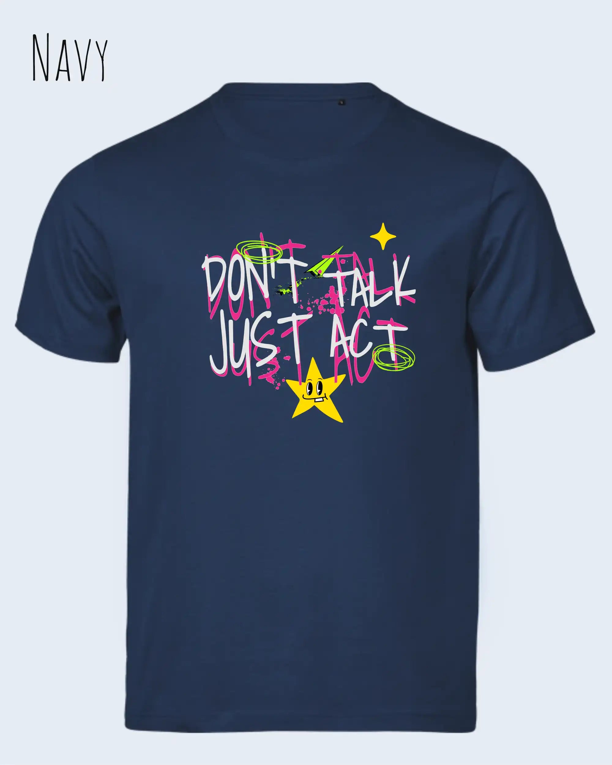 Das Bild zeigt das Bio-Baumwolle T-Shirt Tee Jays Urban Luxury Tee 1150 in  navy mit dem STATEMENT DON’T TALK JUST ACT