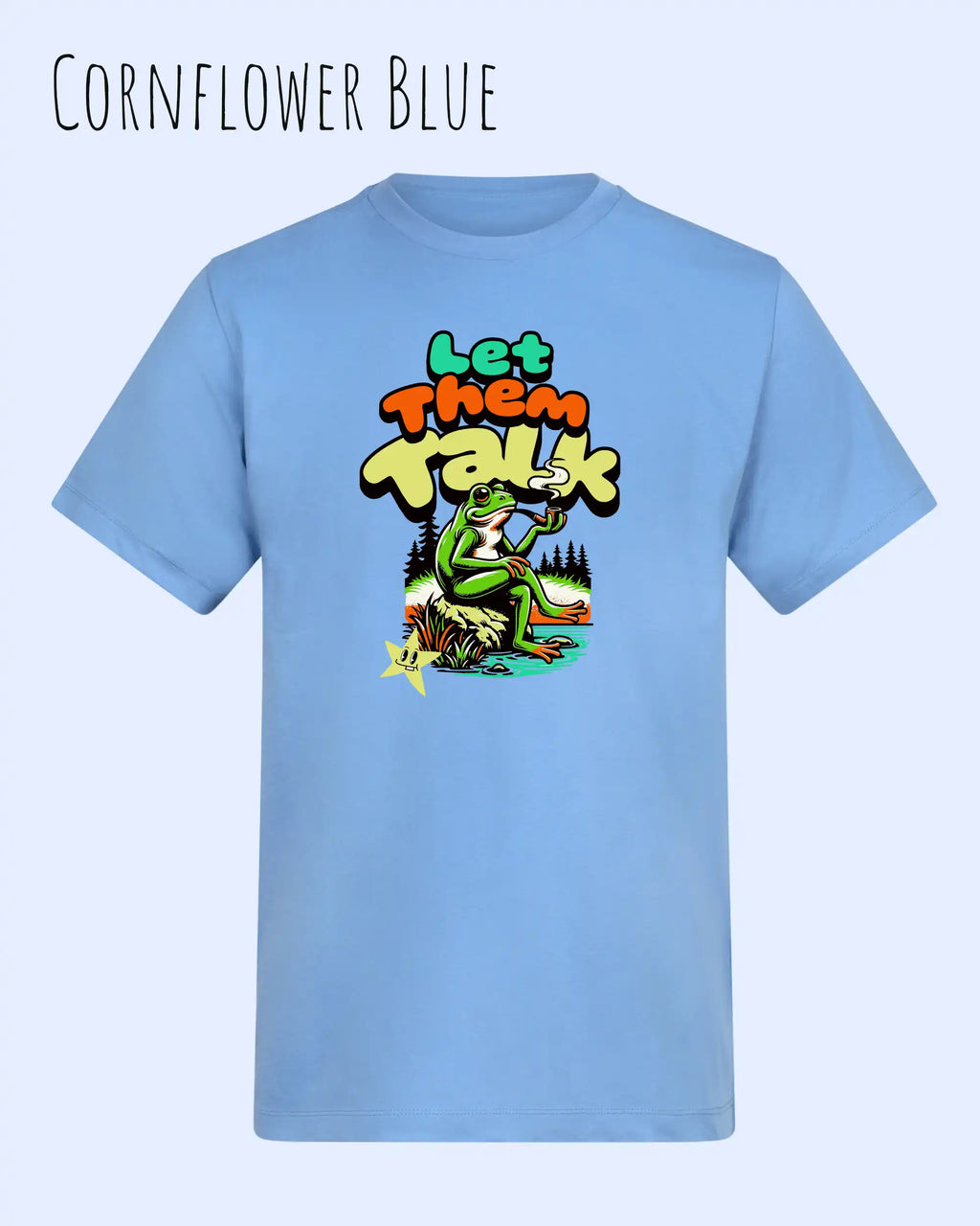 Die Abbildung beinhaltet ein T-Shirt AWDis 180 T in der Farbe cornflower blue und mit dem Design let them talk.
