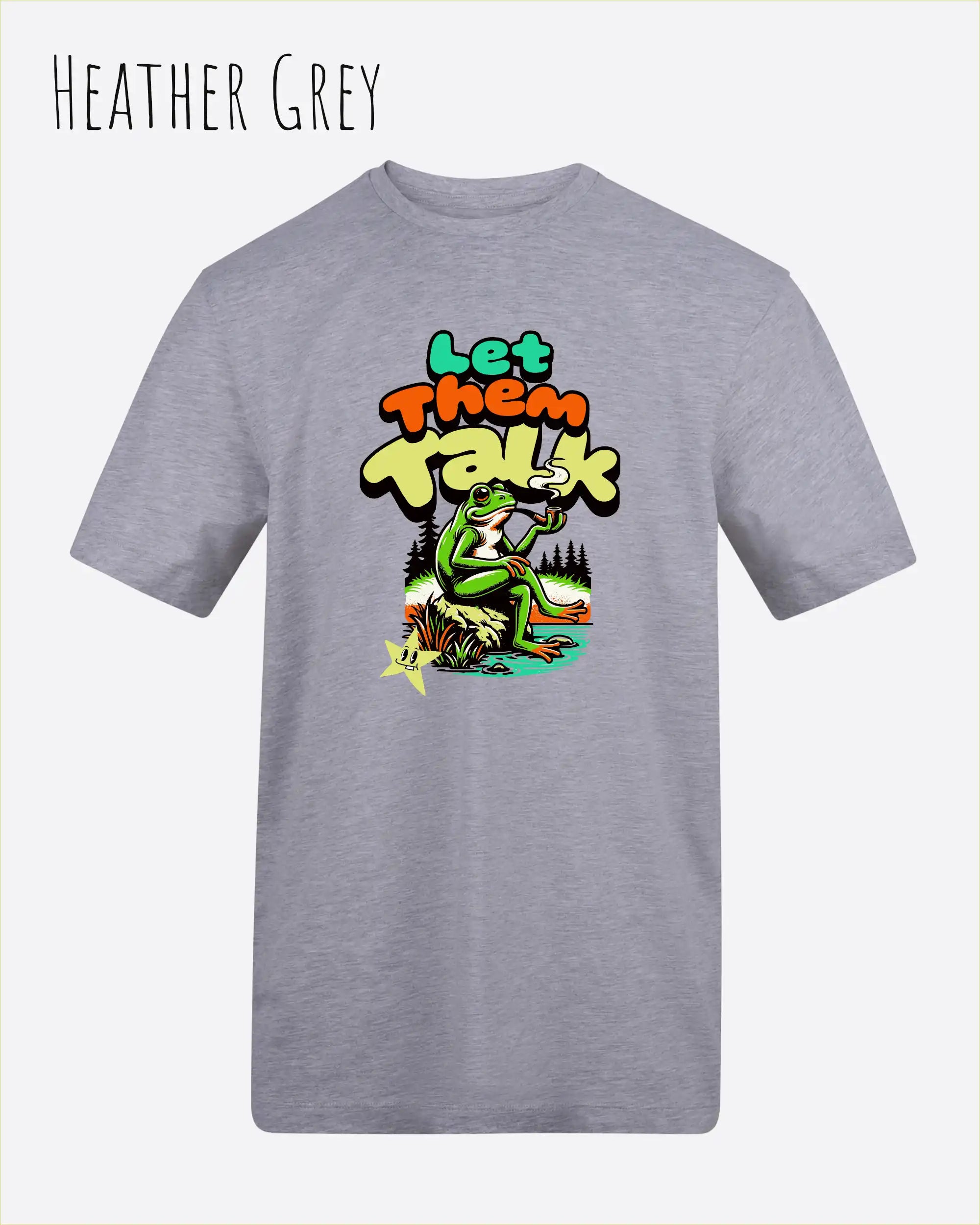 Die Abbildung beinhaltet ein T-Shirt AWDis 180 T in der Farbe heather grey und mit dem Design let them talk.