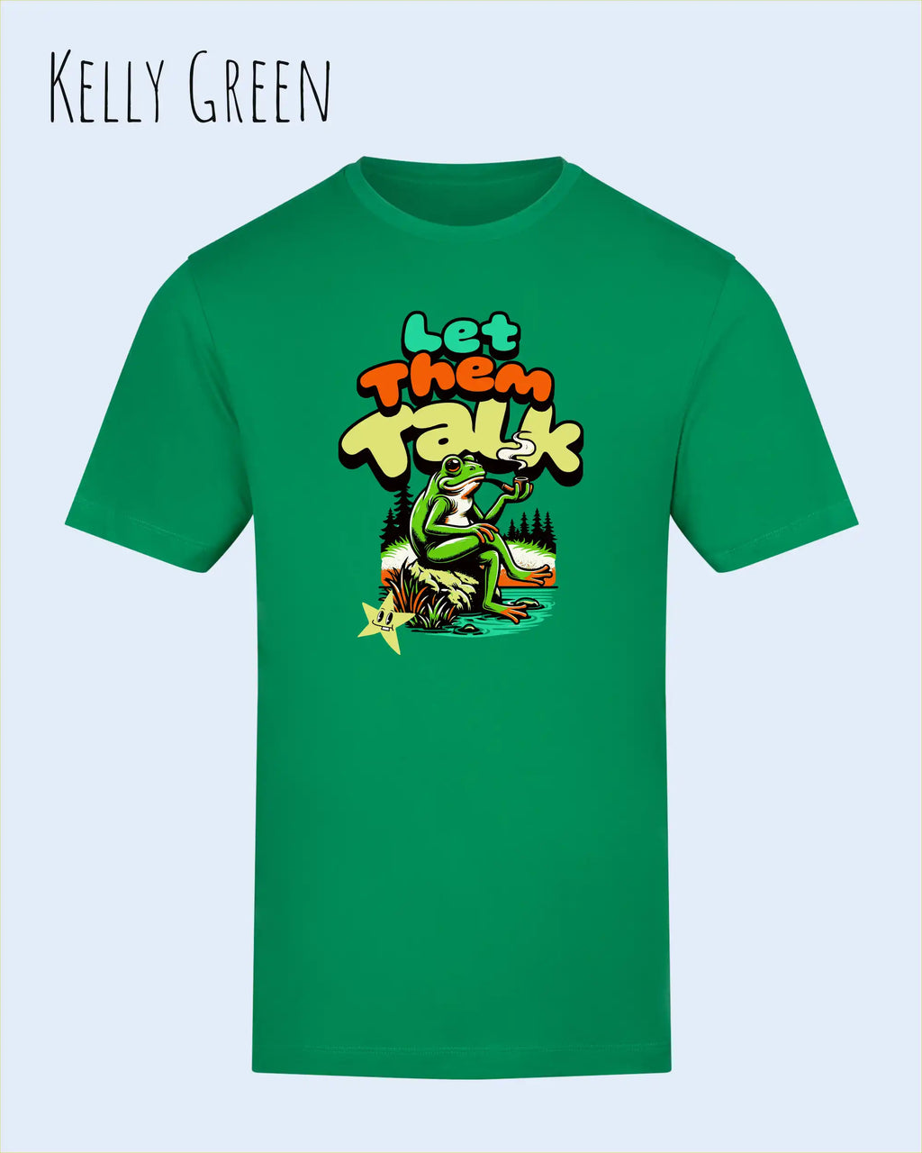 Die Abbildung beinhaltet ein T-Shirt AWDis 180 T in der Farbe kelly green und mit dem Design let them talk.