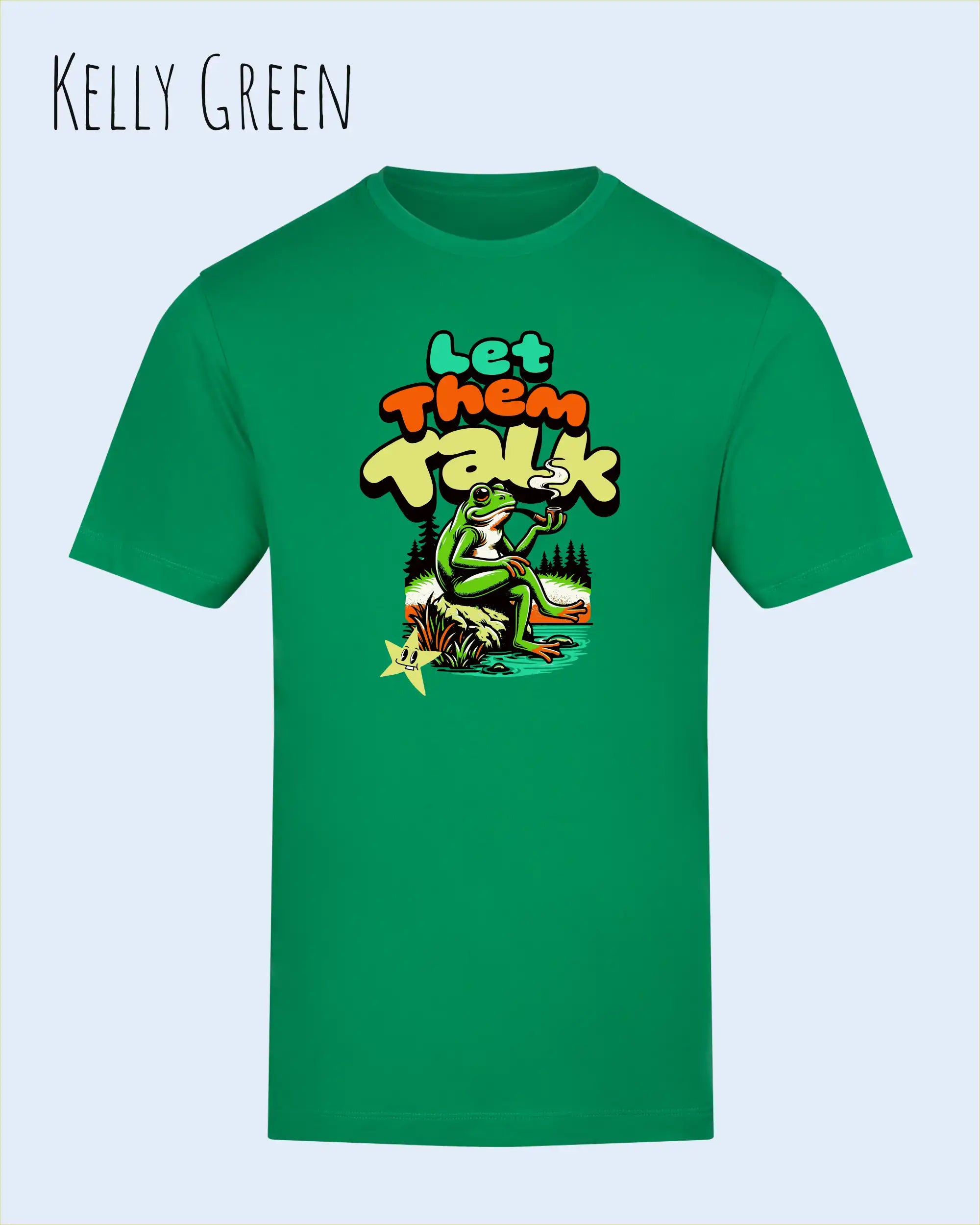 Die Abbildung beinhaltet ein T-Shirt AWDis 180 T in der Farbe kelly green und mit dem Design let them talk.