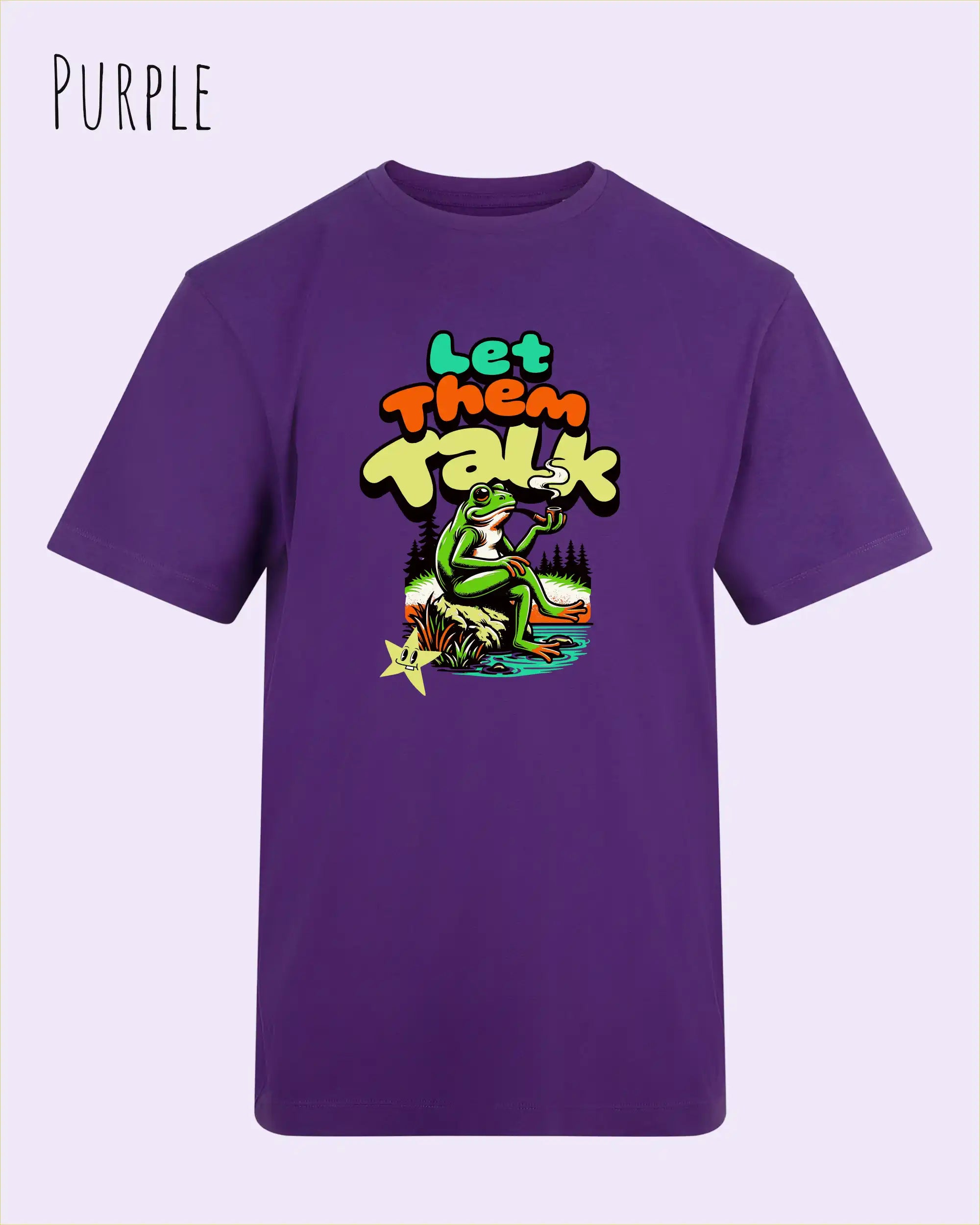 Die Abbildung beinhaltet ein T-Shirt AWDis 180 T in der Farbe purple und mit dem Design let them talk.