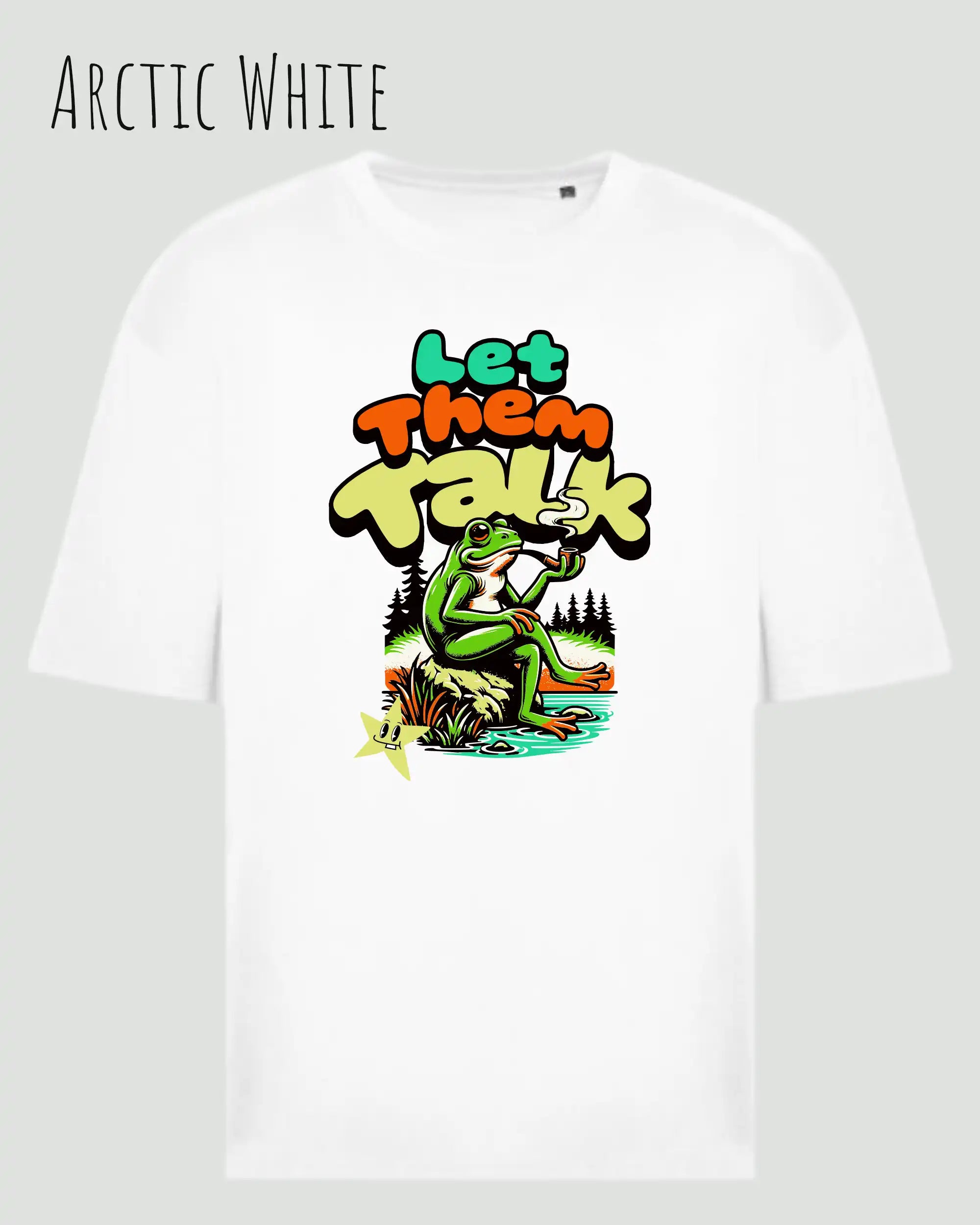 das bild zeigt das oversized heavyweight design-t-shirt awdis 240 T  in der farbe arctic white mit dem entspannten motiv let them talk - lass sie reden. 