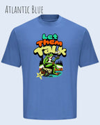 das bild zeigt das oversized heavyweight design-t-shirt awdis 240 T  in der farbe atlantic blue mit dem entspannten motiv let them talk - lass sie reden. 