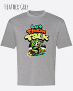 das bild zeigt das oversized heavyweight design-t-shirt awdis 240 T  in der farbe heather grey mit dem entspannten motiv let them talk - lass sie reden. 