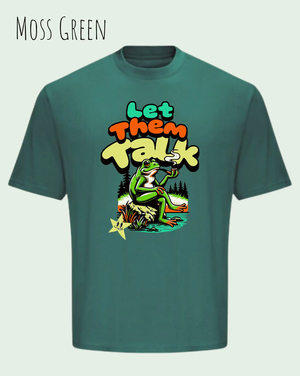 das bild zeigt das oversized heavyweight design-t-shirt awdis 240 T  in der farbe moss green mit dem entspannten motiv let them talk - lass sie reden. 