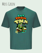 das bild zeigt das oversized heavyweight design-t-shirt awdis 240 T  in der farbe moss green mit dem entspannten motiv let them talk - lass sie reden. 